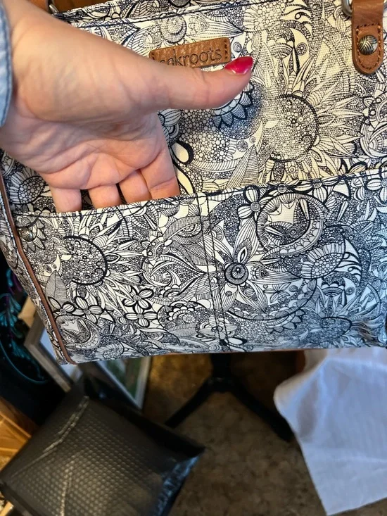 Sakroots Black & White Floral Canvas Tote with Tan Trim - Picture 3 of 10